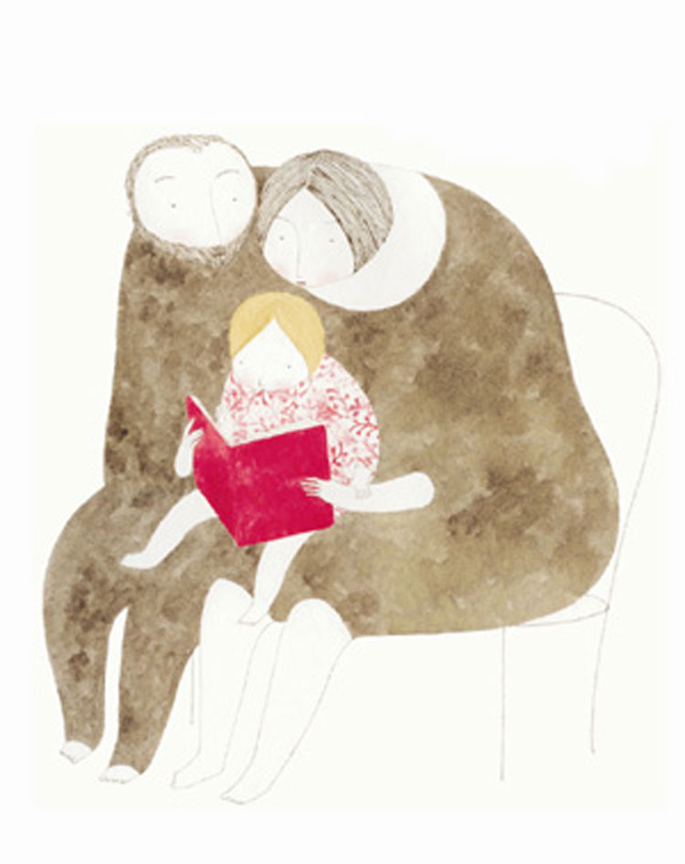 ilustración de un papá y una mamá sentados junto a una niña que sostiene un libro rojo abierto