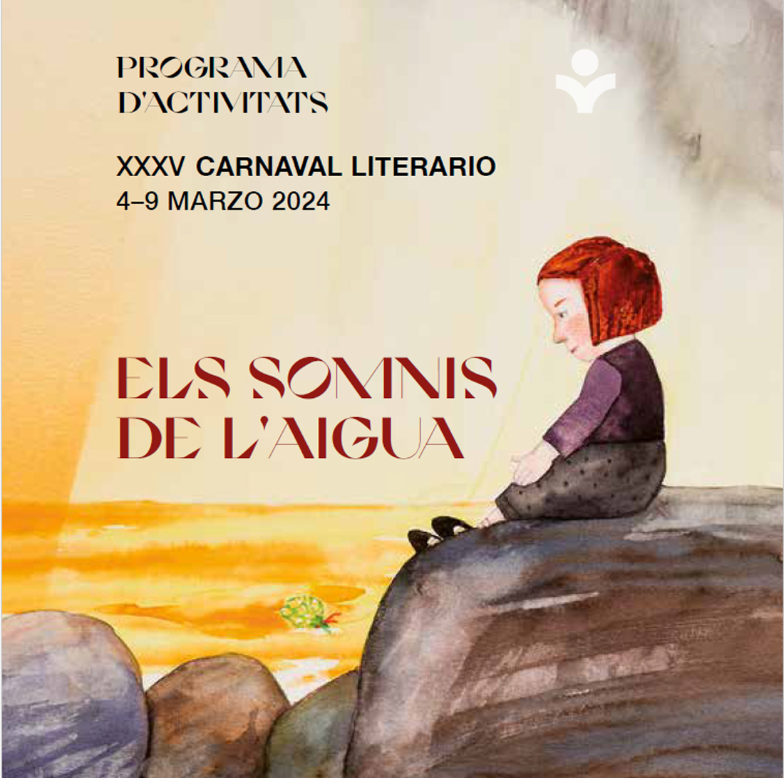 Portada del programa de actividades del XXXV Carnaval Literario del Centro Educativo Gençana. Ilustración de Carme Solé en la que aparece una niña mirando al mar amarillo sentada en una roca