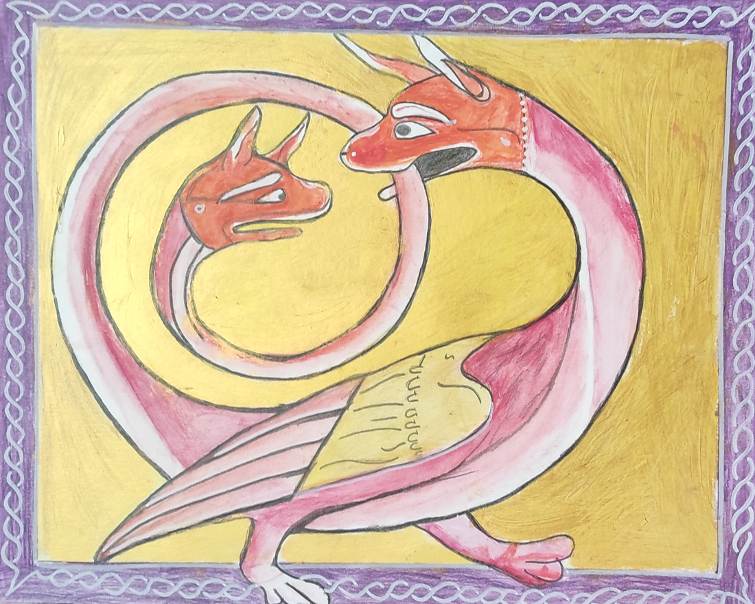 Representación pictórica de un animal mitológico, Anfisbena, elaborado por un alumno de 2º ESO del Centro Educativo Gençana
