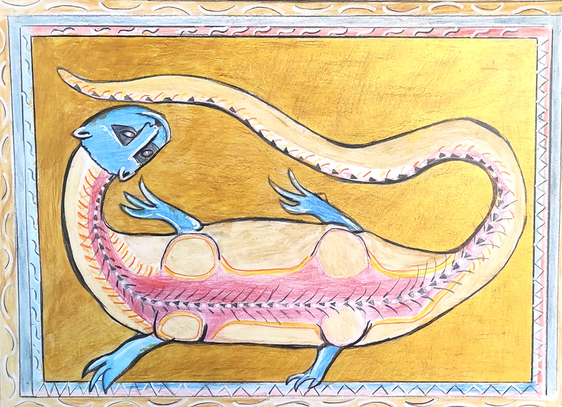 Representación pictórica de un animal mitológico, Salamandra, elaborado por un alumno de 2º ESO del Centro Educativo Gençana