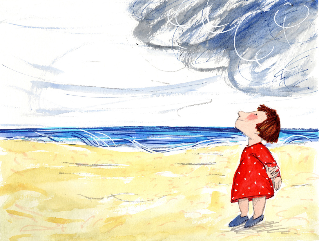 Ilustración de Carme Solé Vendrell, en la que una niña vestida de rojo mira las nubes negras del cielo, con el mar de fondo