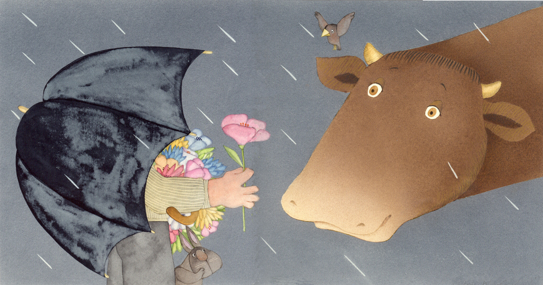 Ilustración de Carme Solé Vendrell, en el que aparece un niño bajo un paraguas con un ramo de flores, dándole una flor a una vaca