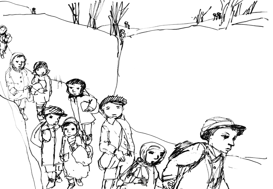 Ilustración de Carme Solé Vendrell en blanco y negro, que muestra a un grupo de niños refugiados huyendo en una fila