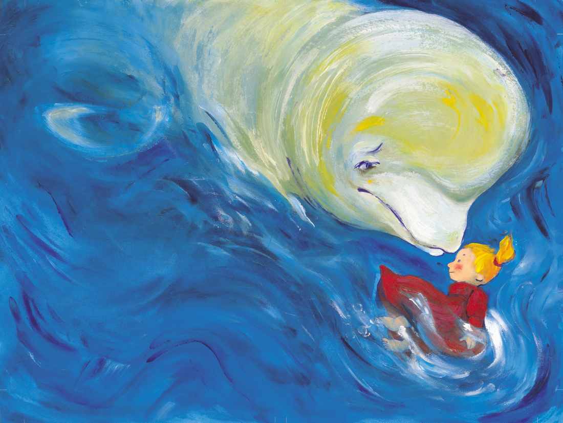 Ilustración de Carme Solé Vendrell que muestra un mar y una ballena, junto a una niña flotando