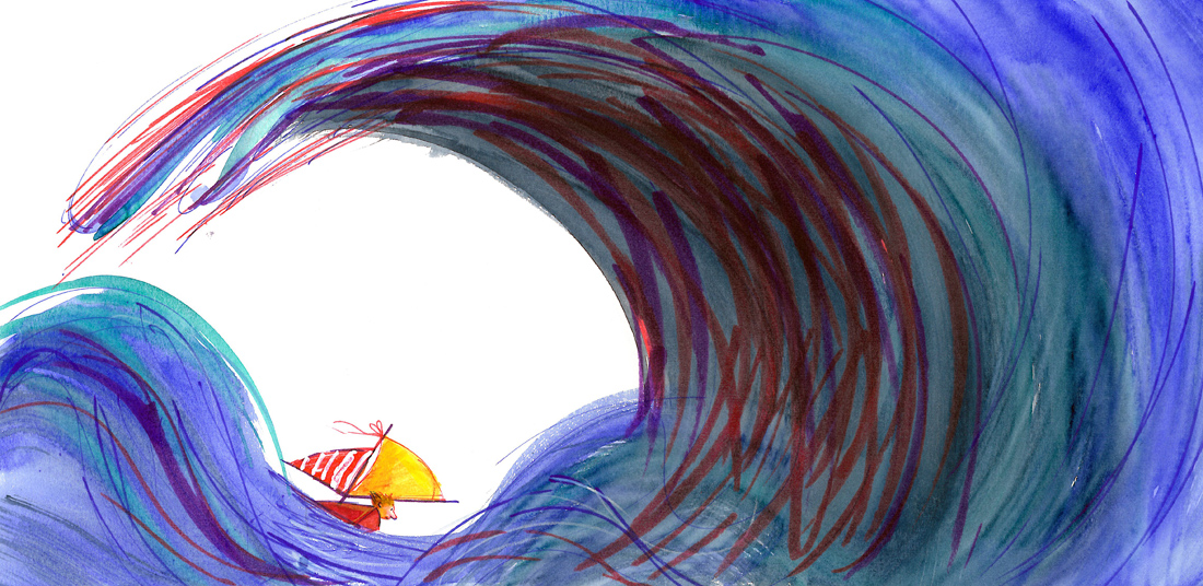 Ilustración de Carme Solé Vendrell que muestra una ola de mar en primer plano, con un pequeño barquito en ella