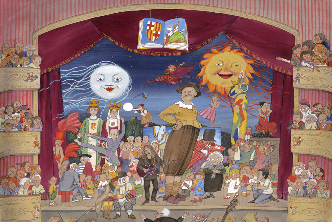 Ilustración de Carme Solé Vendrell que muestra un escenario de teatro con multitud de personajes subidos a él