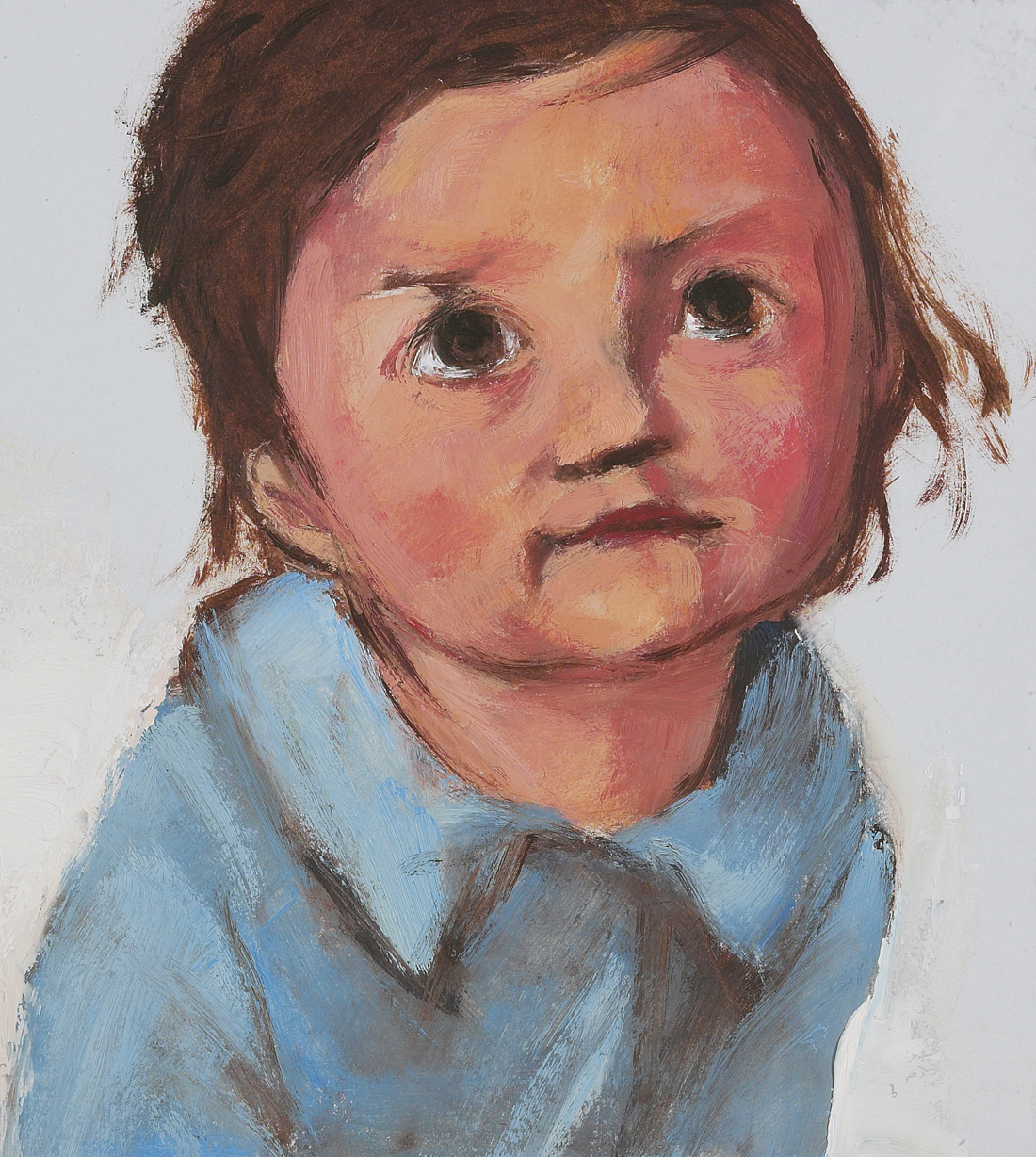 Ilustración de Carme Solé Vendrell de un bebé mirando hacia el cielo con una camisa azul