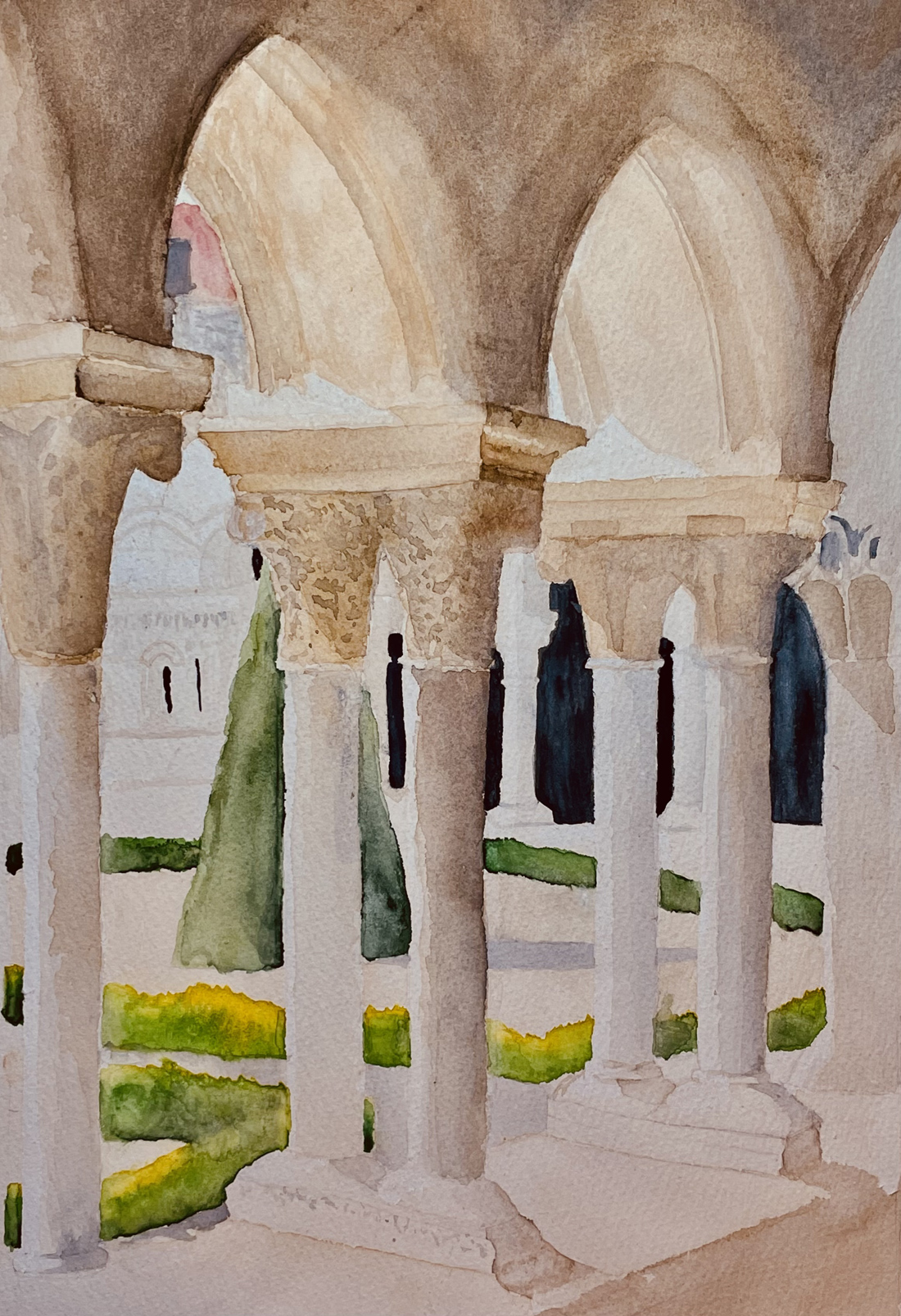 Pintura en acuarela de las claustrillas del Monasterio de Santa María Real de las Huelgas, en Burgos