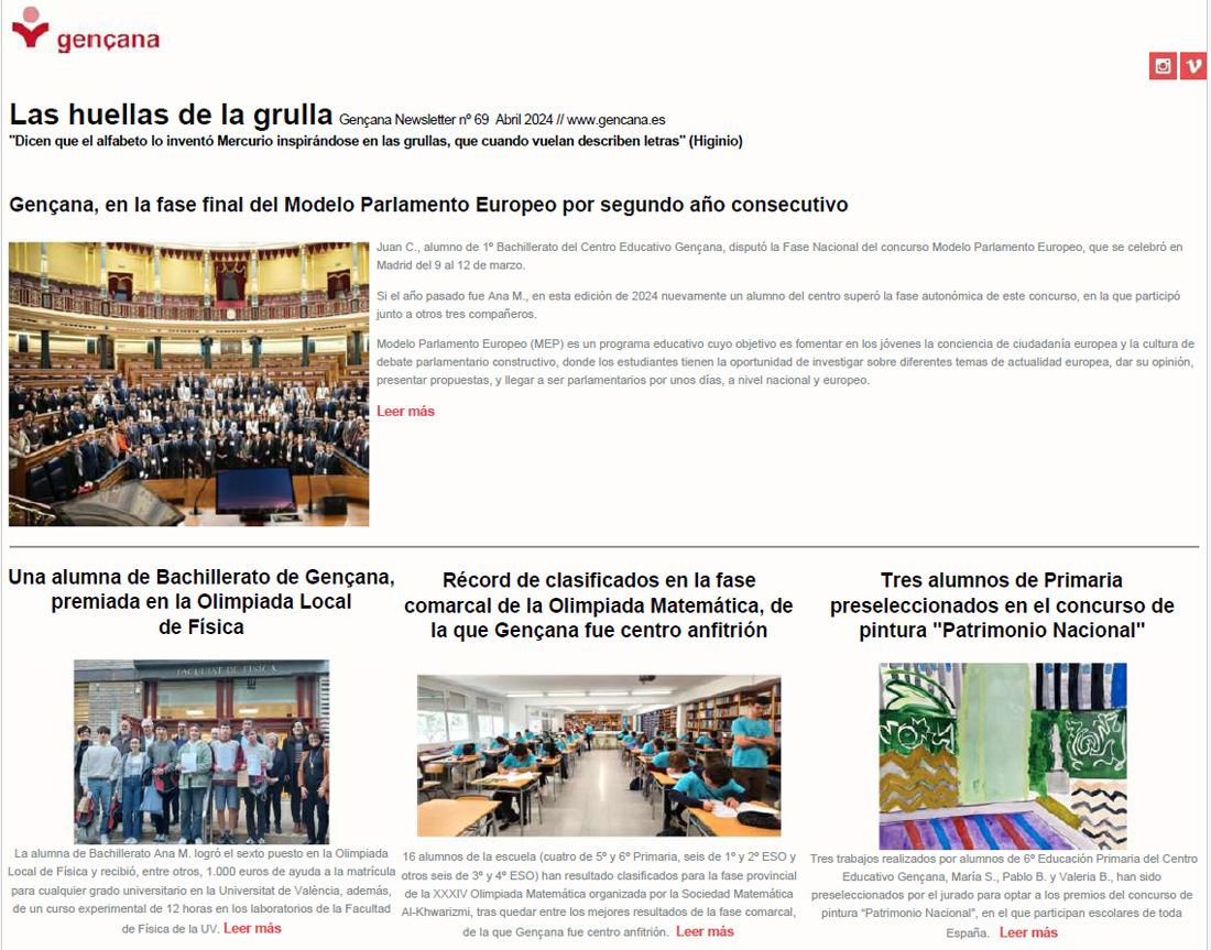 Fragmento de la cabecera de la newsletter número 69 del Centro Educativo Gençana, con algunos premios y reconocimientos recibidos