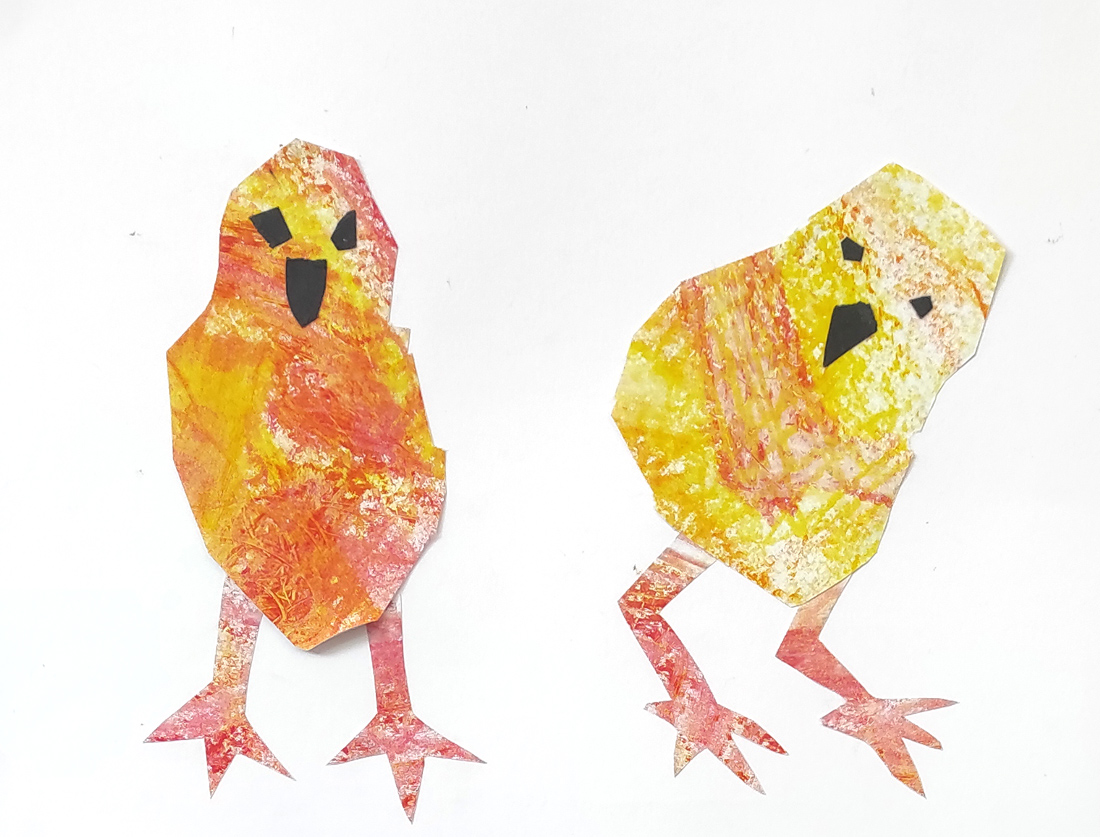 Dos pájaros creados al estilo Eric Carle con la técnica de collage y utilizando composiciones estilizadas con texturas. Realizado por alumnos de 4 años del Centro Educativo Gençana