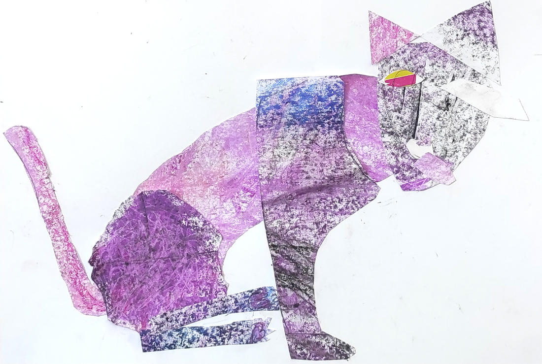 Gato morado creados al estilo Eric Carle con la técnica de collage y utilizando composiciones estilizadas con texturas. Realizado por alumnos de 4 años del Centro Educativo Gençana