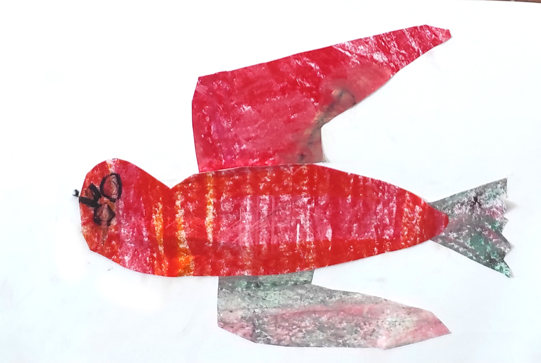 Pájaro rojo creado al estilo Eric Carle con la técnica de collage y utilizando composiciones estilizadas con texturas. Realizado por alumnos de 4 años del Centro Educativo Gençana