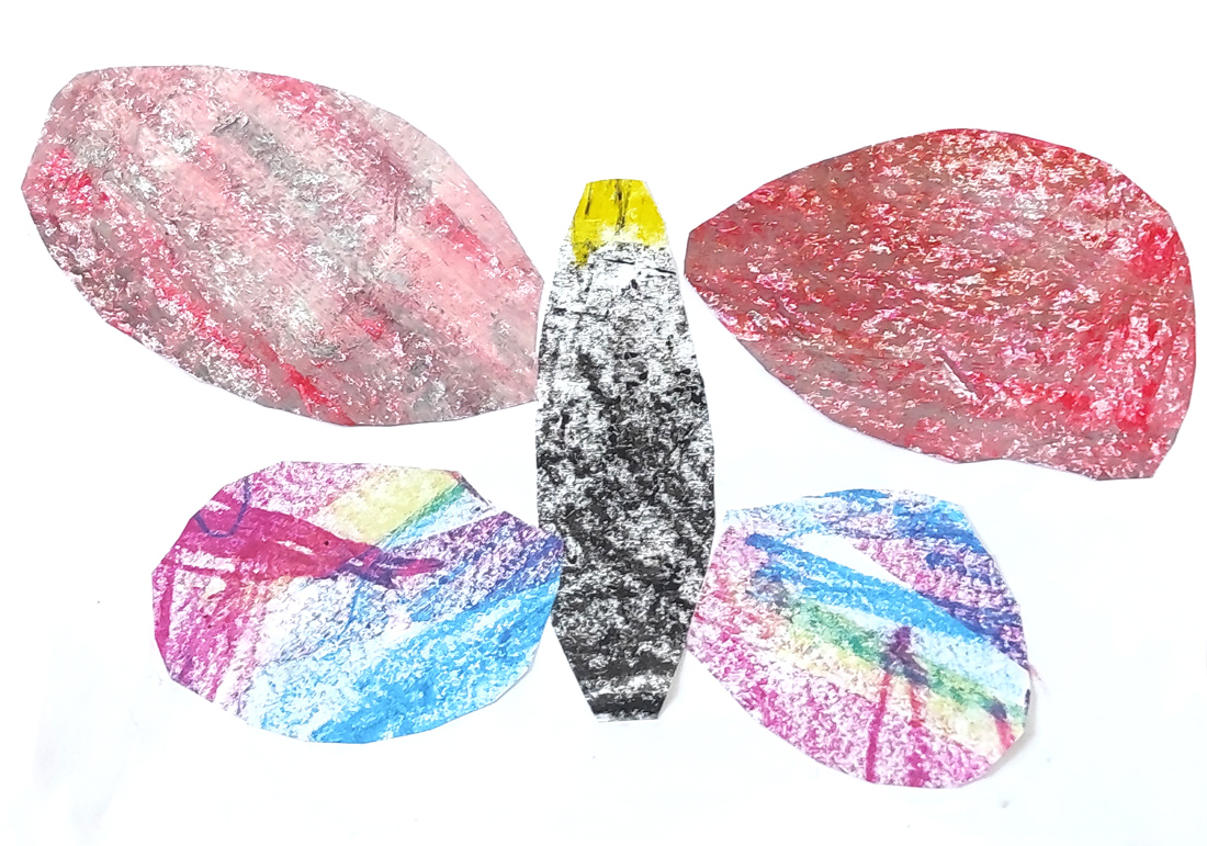 Mariposa multicolor creada al estilo Eric Carle con la técnica de collage y utilizando composiciones estilizadas con texturas. Realizado por alumnos de 4 años del Centro Educativo Gençana