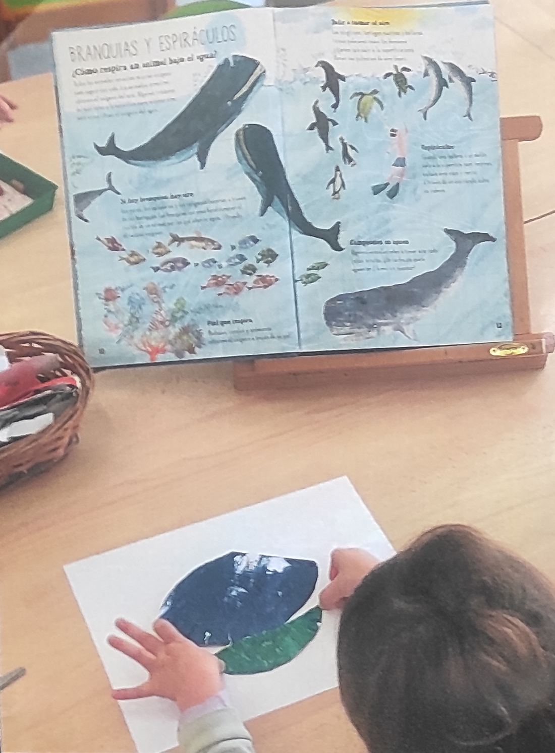 Una niña, de espaldas, observa un libro con ilustraciones de ballenas mientras recrea en un folio una de ellas con papel pintado