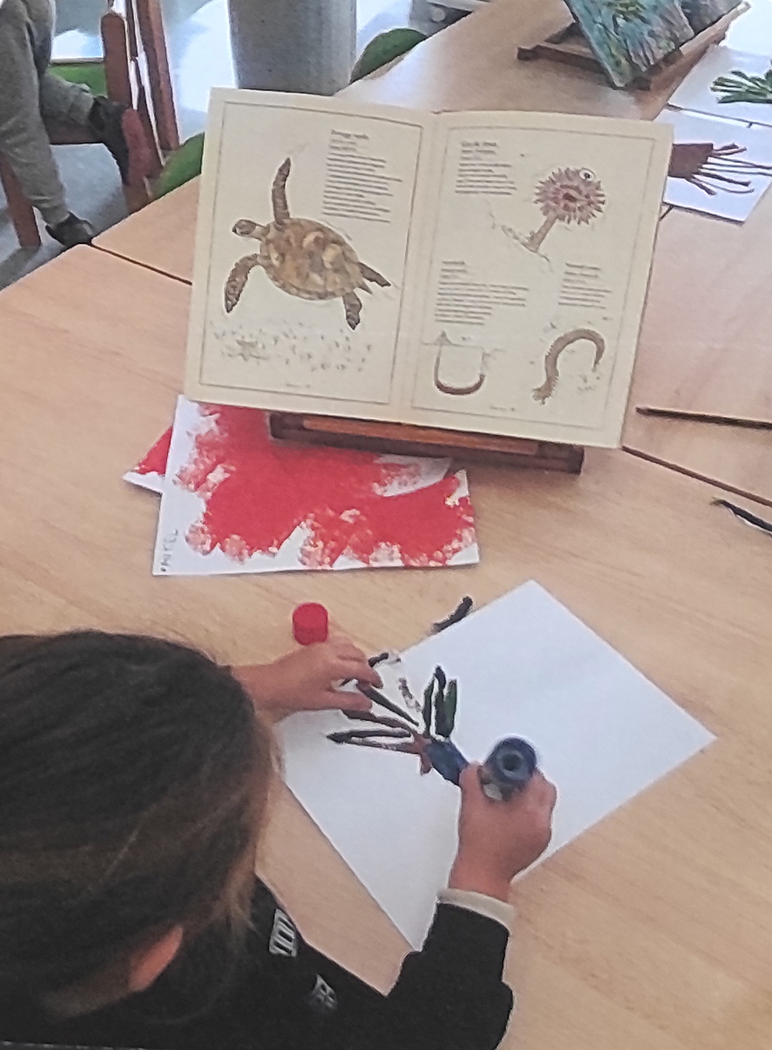 un niño, de espaldas, observa un libro abierto en el que aparecen ilustraciones de tortugas marinas, mientras sentado en su pupitre escolar pega con pegamento trozos de papel para construir su propia tortuga
