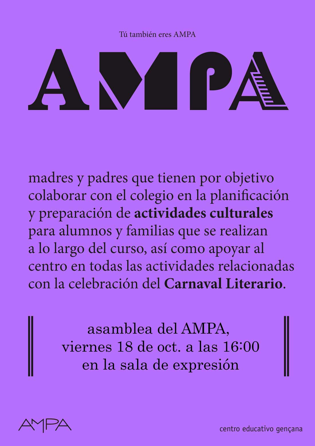 Cartel anunciador Asamblea General AMPA Jacarandá 2024-2025
