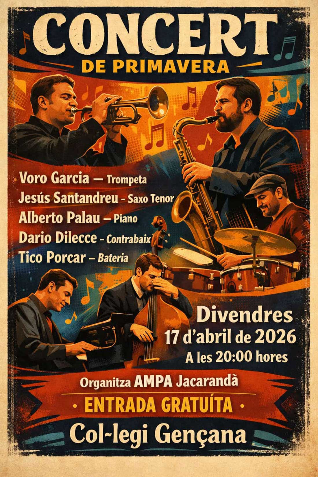 Cartel anunciador del concierto de jazz que se celebrará el 17 de abril de 2026 a las 20.00 horas en el Centro Educativo Gençana