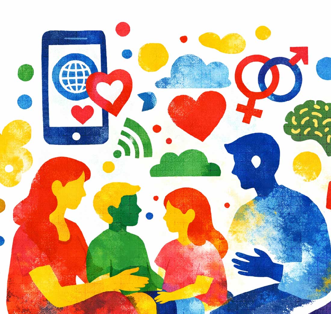 ilustración al estilo Hervé Tullet que muestra a una familia compuesta por padre, madre, hija e hijo, hablando entre ellos, rodeados de iconos y simbología relacionada con las nuevas tecnologías